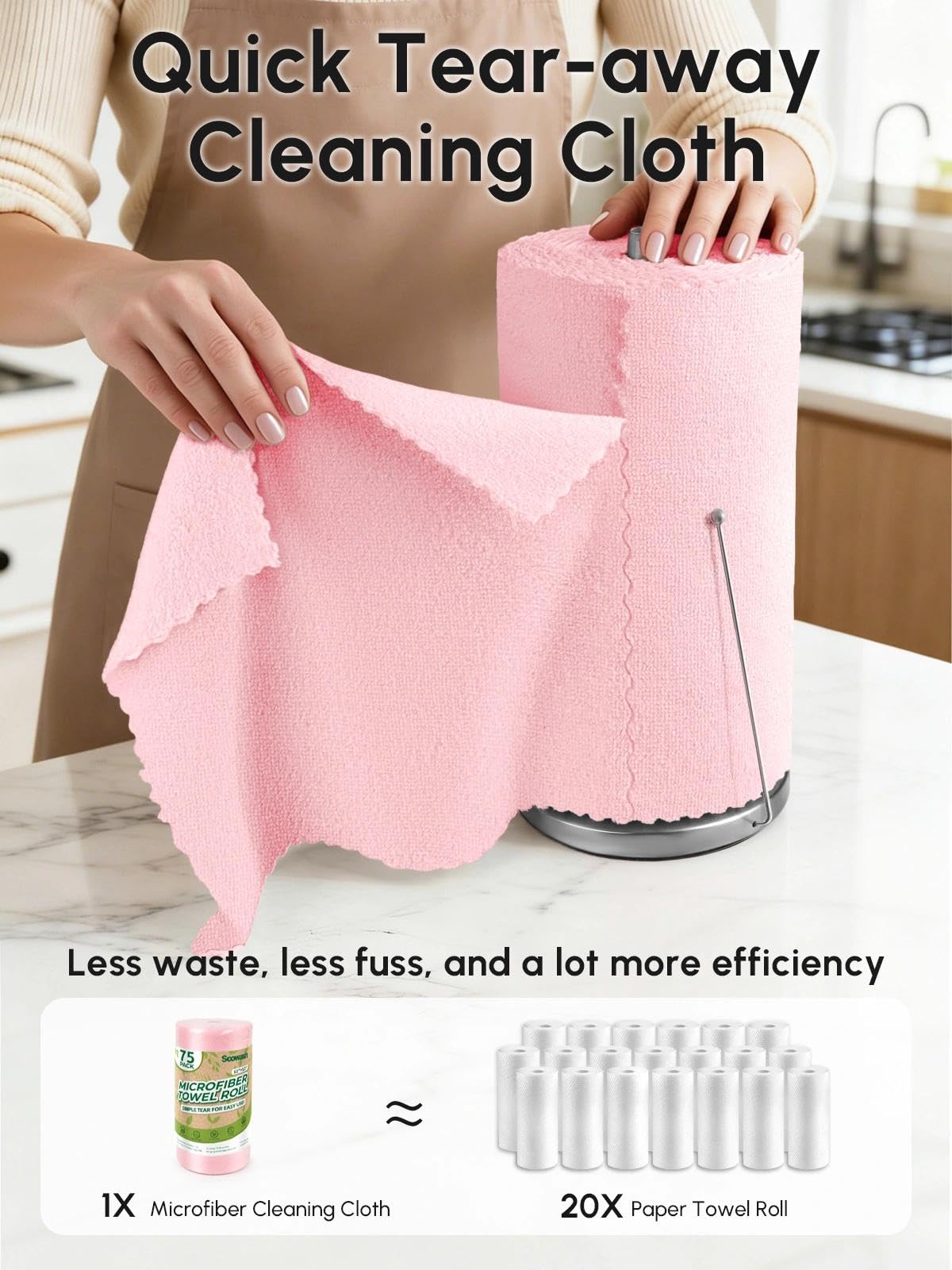 SOOWASH Microfiber Cleaning Cloths Roll, 75 Pack Tear Away Microfiber Towels Roll, 12" x 12" Lint Free Rags, Reusable Cleaning Cloths, Washable, Scratch Free,Ultra Absorbent Dish Rags(Pink)