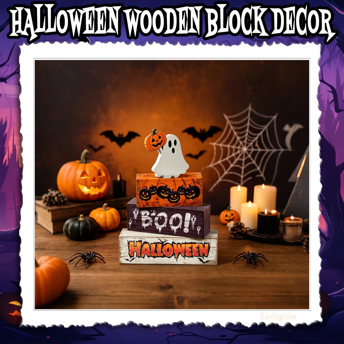 4 Pcs Halloween Decor Wooden Ghost Pumpkin Tiered Tray Decorations Rustic Farmhouse Tabletop Centerpiece Boo Wood Block Sign for Home Kitchen Shelf Mantel Office Desk