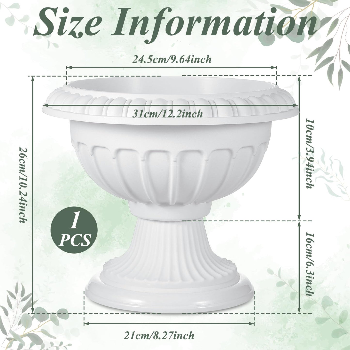 Zhehao 1 Pcs Classic Urn Planter Plastic Urn Planters Outdoor 12 x 10 Inch Traditional Pedestal Flower Pots Outdoor Large White Vases Indoor for Garden Patio Front Porch