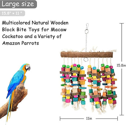 Kikerike Parrot Chewing Toy Bird Bite Toy with Colorful Wood Beads, Multicolored Natural Wooden Block Cage Toys for Macaw Cockatoo Parakeets