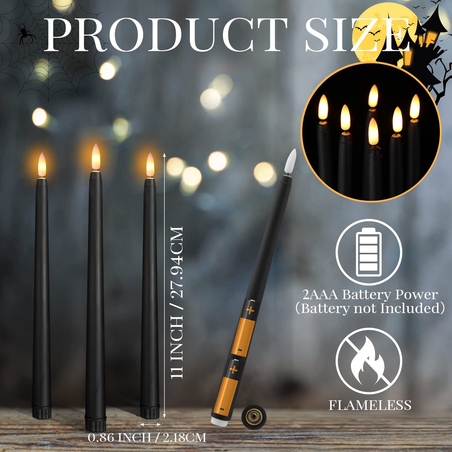 Macarrie 24 Packs Flameless Taper Candles Battery Operated Fake 11 Inch Long Candlelight LED Flameless Candlesticks Flickering Tapered for Summer Fall Wedding(Black)
