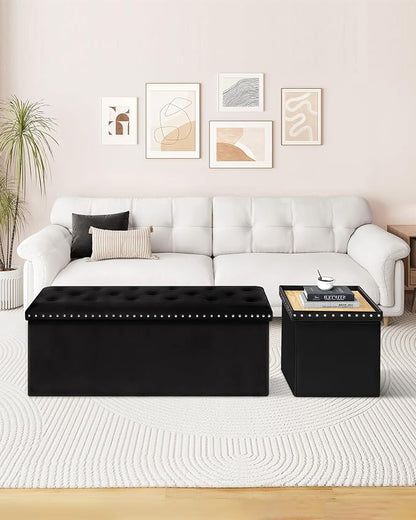 B FSOBEIIALEO Storage Ottoman Bench, Folding Tufted Ottomans with Storage, Extra Large 140L Storage Boxes Footrest Bench for Bedroom, Luxury Velvet Fabric 43 Inches Black