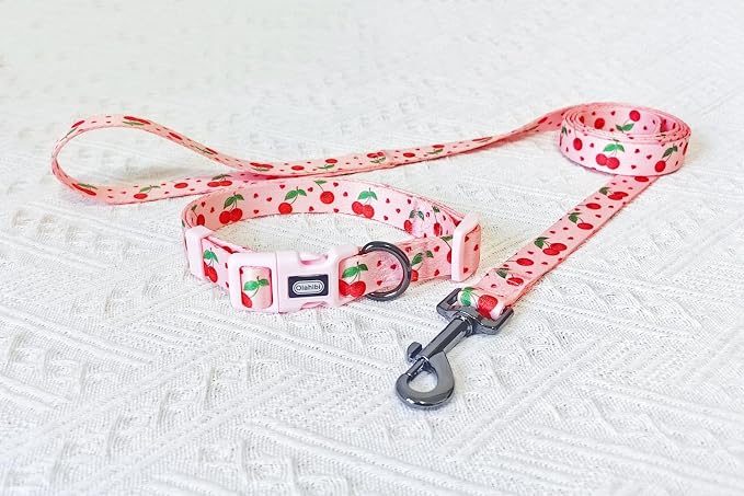 Dog Collar Leash Set, Fruit Pattern, Polyester Material, Adjustable Collar and 5ft Matching Leash, for Medium Dogs.(M, Pink Cherry)