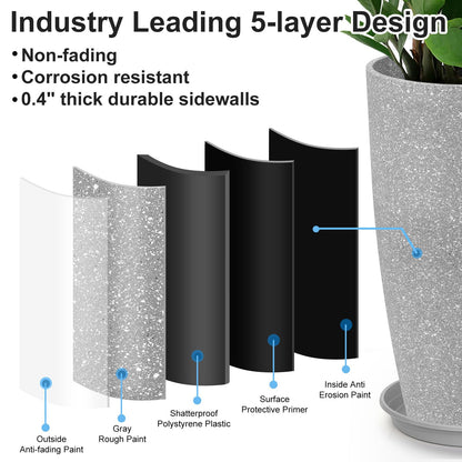 GameXcel Tall Flower Pot Indoor - Outdoor Plant Pot - Gray Rough Planter - Elegant Stone Imitation - 12" Diameter 21" Tall with Drainage Holes and Saucer 2 Pack