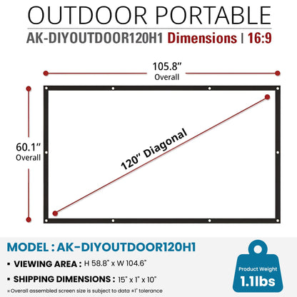 Akia Screens 120" Dual Projection Projector Screen, 16:9 Front & Rear, Portable Foldable Anti-Crease, 8K / 4K Ultra HD Ready Indoor Outdoor Home Theater Screen, AK-DIYOUTDOOR120H1.