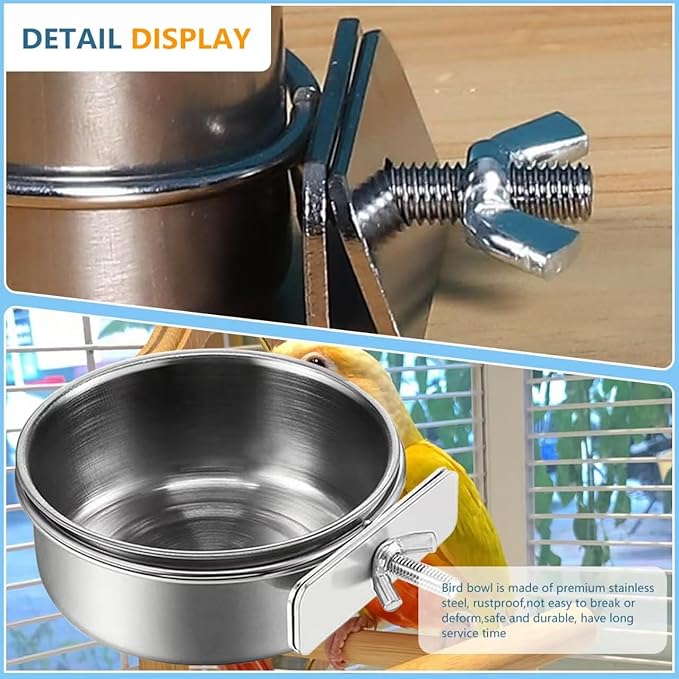 2Pcs Stainless Steel Bird Feeding Bowls, Small Bird Feeding Cup, Stainless Steel Parrot Food Bowl Cage with Holder, Parrot Cage Water Feeder, Pet Cage Cup Holder (Dia 3.93", 4.72",)