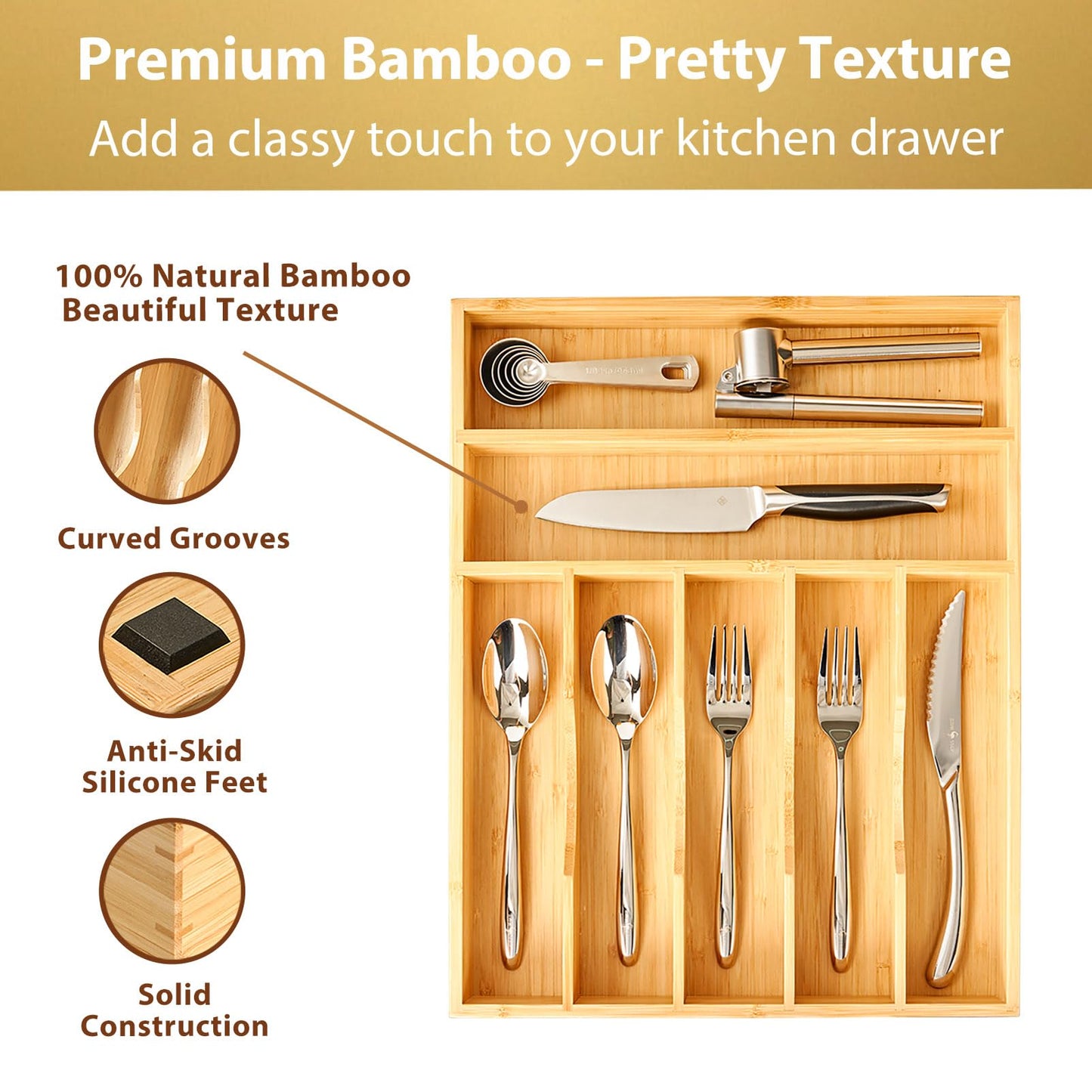 Umilife Bamboo Kitchen Drawer Organizer, 13 Inch Silverware Utensil Tray Holder, Extra Deep Grooved Drawer Divider, 7 Slots Total Bamboo Wood Caddy for Flatware Cutlery Knives, Forks, Spoons