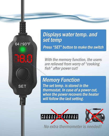 AquaMiracle Aquarium Heater 150W Fish Tank Heater for 15-30 Gal Tanks, LED Digital Display Thermostat Turtle Heater with Out-of-Water Auto Shut-Off, Overheat Protection & Memory Function