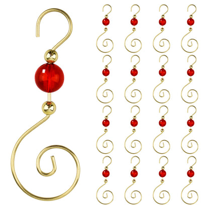INCREWAY Wire Ornament Hooks, 30 Pcs Gold S-Shaped Christmas Tree Hanger Hooks Metal Decoration Hooks with Red Round Crystal Beads for Party, Home Decor (Gold Hook & Red Bead)