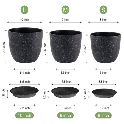 WSMKSZ Plant Pots 10/9/8 inch, Set of 3 Modern Decorative Plastic Planters with Drainage Holes and Saucers for Garden House Plants, Flower Pots for Indoor Outdoor Plants, Speckled Black