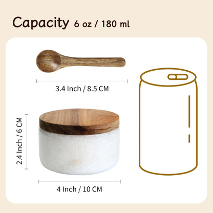 seicasaya Marble Salt Cellar with Acacia Wood Lid and Spoon – 4-inch Salt Box with Spoon Slot, Kitchen Spice Container for Salt, Sugar, or Spices (White)