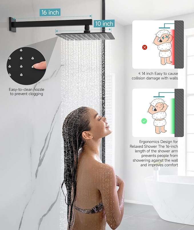 SR SUN RISE Shower Faucet Set & System - 10 Inch Rainfall Shower Head & Handle Set Wall Mounted Matte Black Solid Brass Valve Trim Kit Included