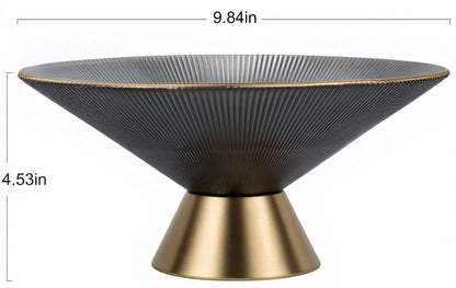 Tapered Glass Decorative Bowl(Gray), 9.8 Inches Handblown Striped Glass Bowl with Gold Trim and Rust Resistant Metal Base,Decor Fruit Bowl for Home Decor,Table Centerpiece,Kitchen Island,Dining Decor