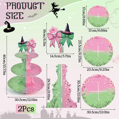 2 Pack Pink and Green Cupcake Stands Witch Themed Birthday Party Supplies,3 Tier Halloween Cardboard Cupcake Holder Tower for Wicked Party,Birthday, Baby Shower
