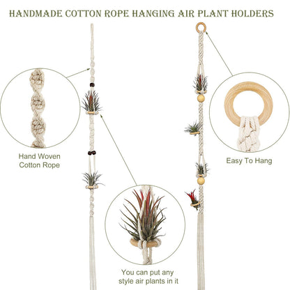 Tatuo 4 Pieces Hanging Air Plant Holders Boho Macrame Plant Hanger Fabric Woven Air Fern Display with 4 Pieces Hooks for Home Decoration Gift Idea