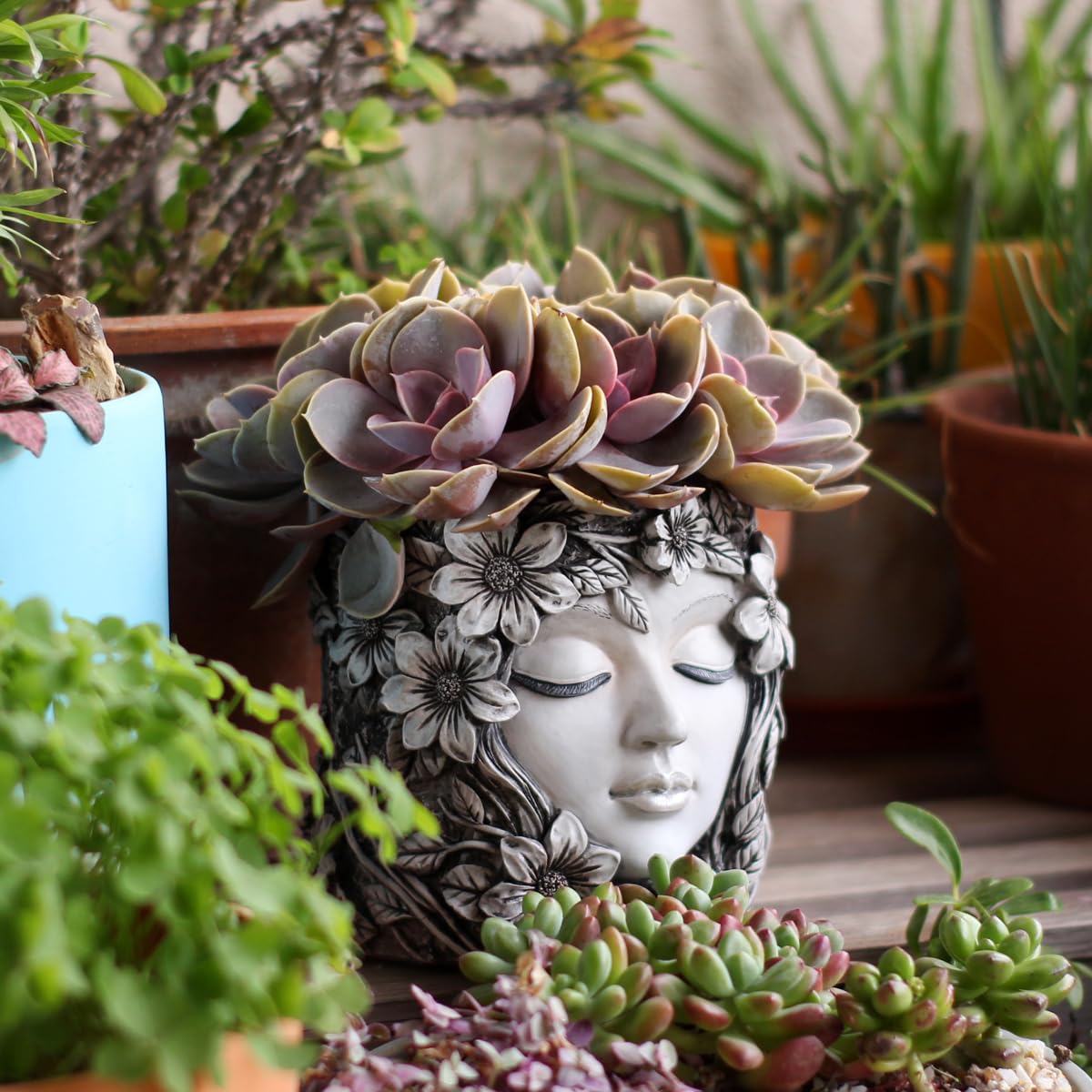YOYLMAL Floral Face Planter Pot, 5.9” Resin Women's Head Succulent Planter for Indoor Outdoor Plants, Unique Flower Pot with Drainage Hole, Gifts for Women Mom