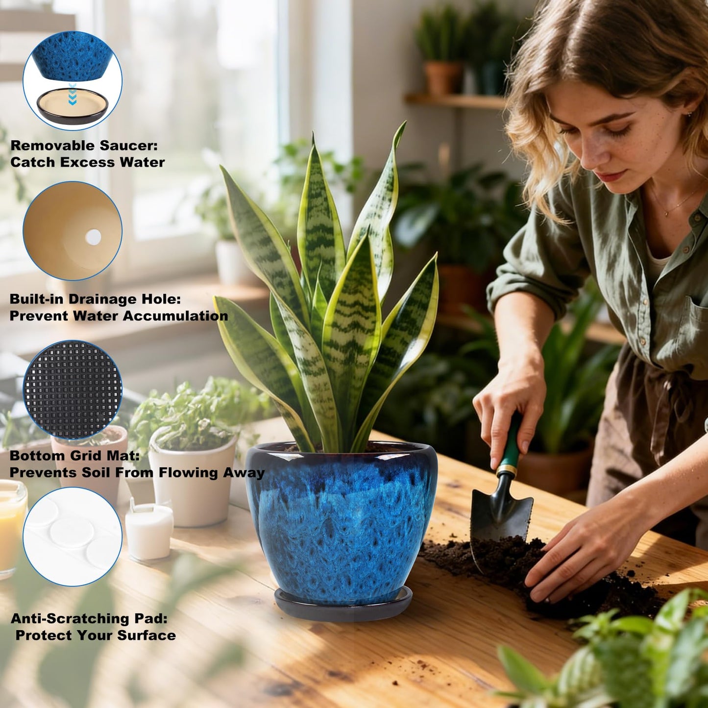 Xoogifae Ceramic Plant Pots with Saucer, 6 inch Glaze Planters for Indoor Plants with Drainage Holes, Decorative Small Flower Pots Outdoor, Modern Succulent Pots for Home Room Decor