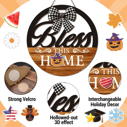 Interchangeable Seasonal Bless This Home Hanging Sign - Farmhouse Front Door Decoration for Spring All Seasons Holidays - Rustic Round Wood Wreaths with 12 Icons(Orange)