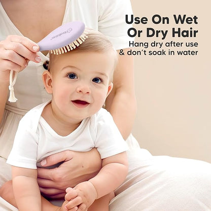Baby Hair Brush Set for Newborns - Soft Goat Bristle Wooden Baby Brush and Comb Set Newborn Grooming Kit for Cradle Cap, Durable & Gentle, Boy, Girl Infant Essentials Care Kit (Regular, Thistle)
