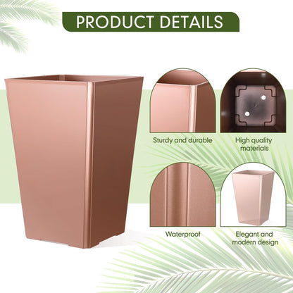 Briwooody Set of 2 15.75 Inch Large Taper Planters Outdoor Indoor Tall Resin Flower Pots with Drainage Holes Modern for Front Door Patio Backyard Plants (Gold Pink)