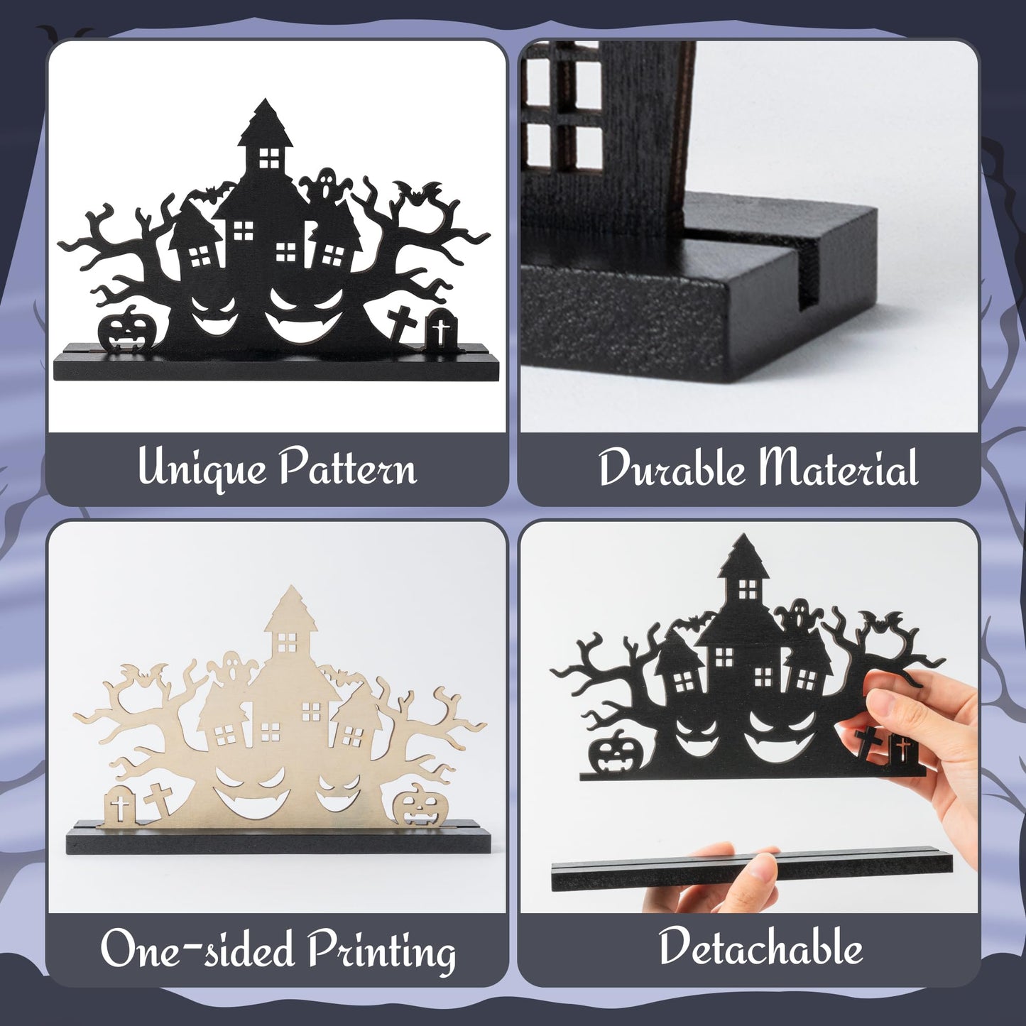 WATINC Halloween Wooden Centerpiece Decoration - 3Pcs Silhouette Haunted House Tree Wood Tabletop Decor, Black Sketch Horror Pumpkin Boo Detachable Tiered Tray Sign Table Topper for Home Kitchen Party