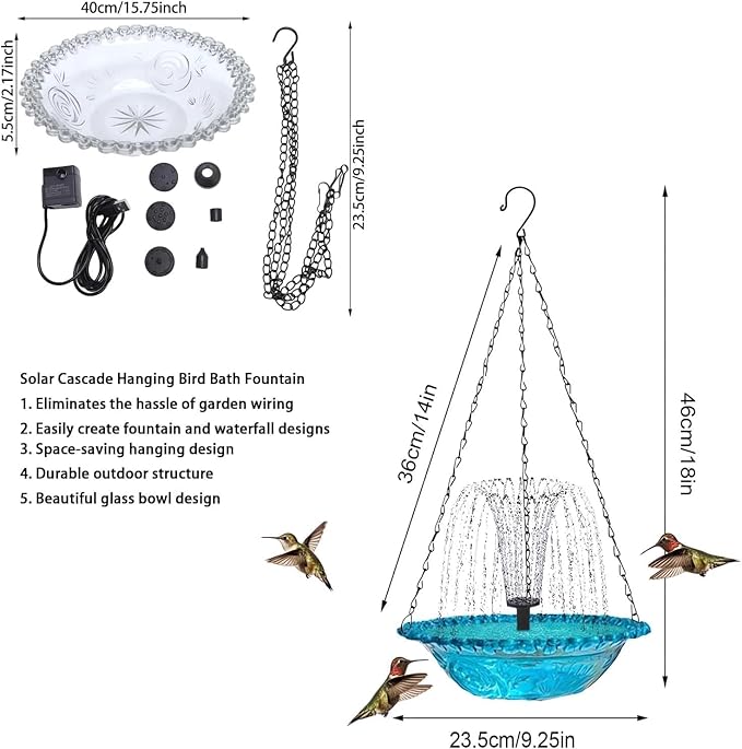 Hanging Solar Bird Bath Fountain with Water Pump, Plastic Basin, 4 Nozzles, Sturdy Metal Chains, Outdoor Garden Decor (Cannot Spray Water, Pink)