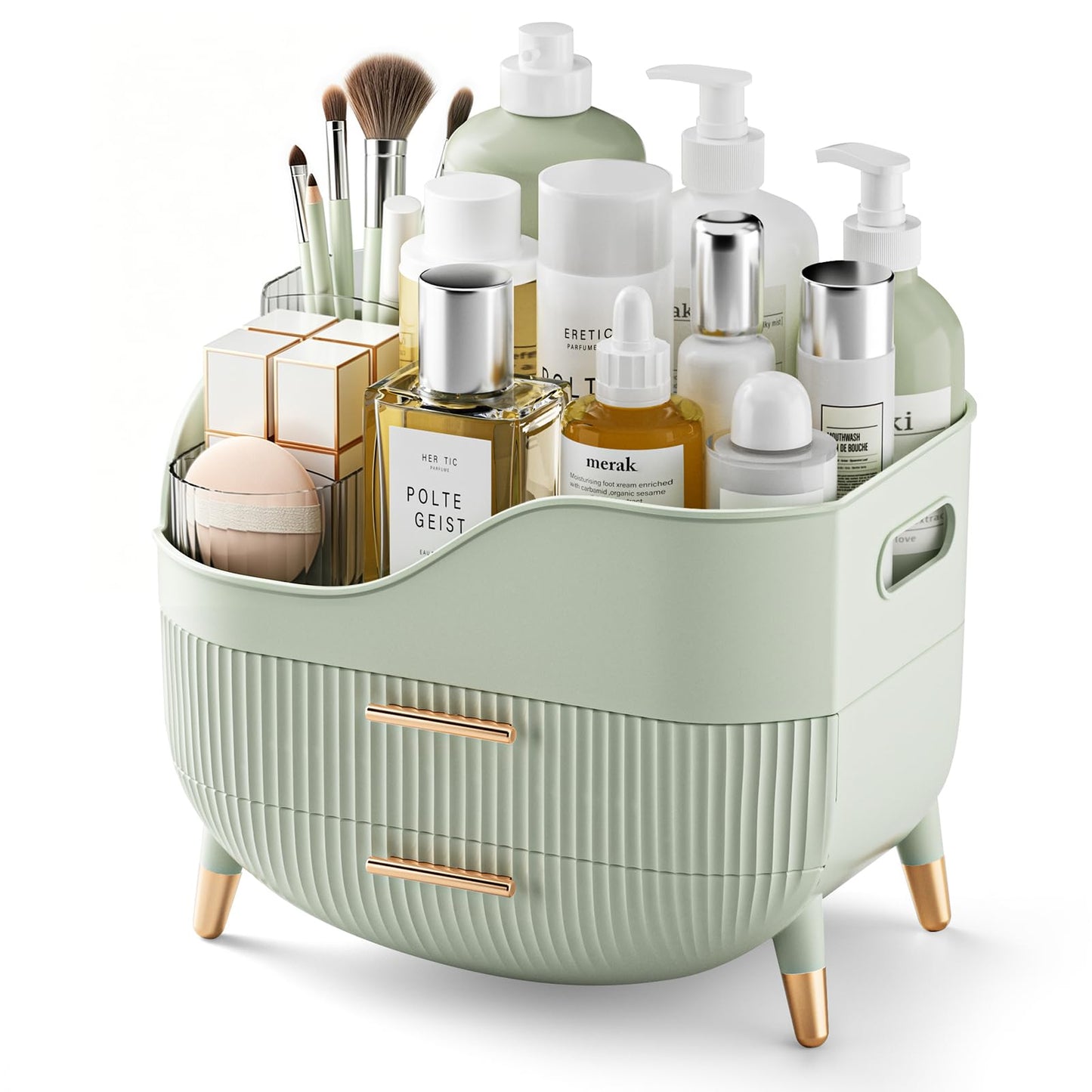 Pajiriona Makeup Organizer with Drawers, Green Skincare Organizer for Vanity, Storage Box with Handle, Large Cosmetic Display Case for Dresser, Bathroom Countertop