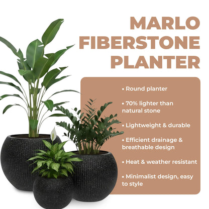 DEPLA LANE Marlo Fiberstone Round Planter (8.5" Pot Opening x 12..6"D x 9.8"H) Ribbed Finishes, Lightweight, Durable, UV Resistant, Modern Minimalist Home Decor, Indoor Outdoor Pot (S, Ribbed Black)