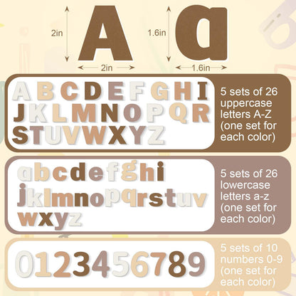 Breling 310 Pieces Felt Letter Bulletin Board Letters Sticker with Number 2" Bulk Self Adhesive ABC Upper Lowercase Sticky Letter for Xmas Gift Bulletin Board Classroom(Brown Color)