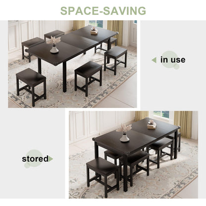 Feonase 7-Piece Dining Table Set for 4-8, 63" Large Extendable Kitchen Table Set with 6 Stools, Modern Dining Room Table with Heavy-Duty Frame, Easy Assembly, Gray