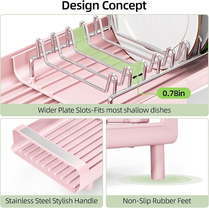 TOOLF Small Dish Drying Rack, Mini Expandable Compact Dish Rack, Slim Extendable Stainless Steel Dish Drainer for Kitchen Plate Storage, Space Saving Dish Strainer in Sink or on Home Countertop, Pink