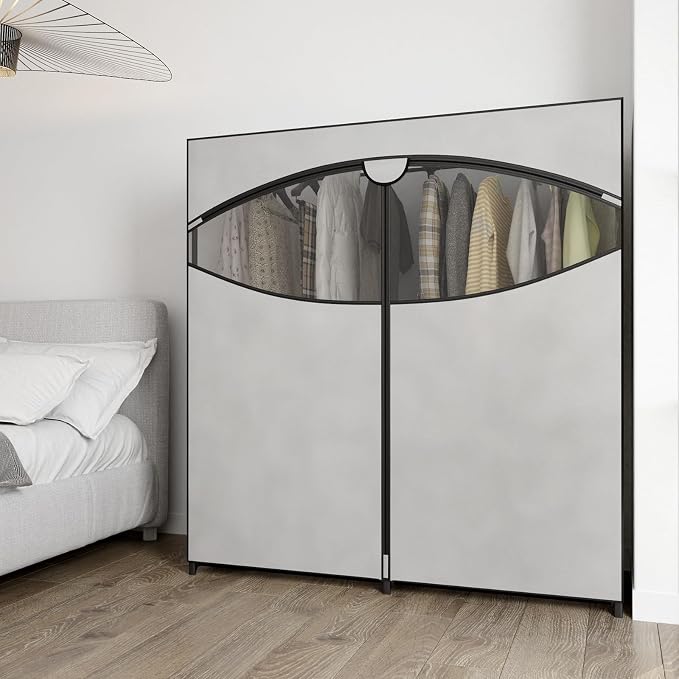 Whitmor Extra-Wide Portable Clothes Closet, 60" Wide Closet Organizers and Storage with Cover, Heavy Duty Metal Clothes Rack, Stable and Easy Assembly Clothes Storage, Light Grey