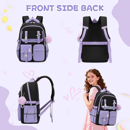 MUSEVOS Girls Backpack, Kids Backpack for Girls, School Bookbag for Teens Age 6-15, Large Capacity Water Resistant Backpack for Elementary to High School, Cute Travel Daypack, Black Purple 3pcs
