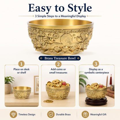 DECHOUS Brass Treasure Bowl 4 Inch Feng Shui Wealth Money Basin Decorative Chinese Style Golden Home Office Centerpiece