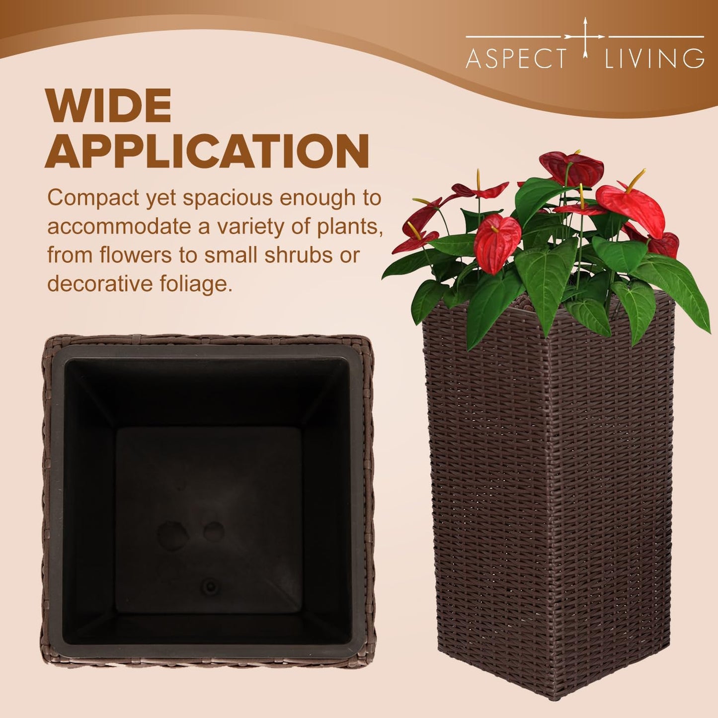 Aspect Living Tall Planter and Sierra Square Wicker Planter Set of 2 - Modern Outdoor Planters for Patio, Balcony, or Garden