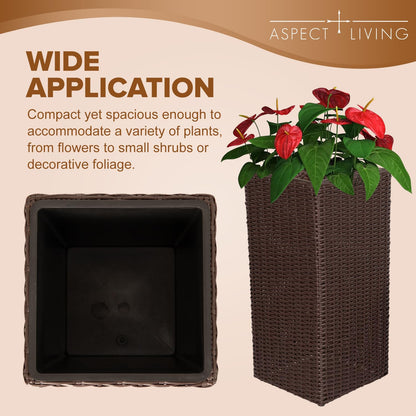 Aspect Living Tall Planter and Sierra Square Wicker Planter Set of 2 - Modern Outdoor Planters for Patio, Balcony, or Garden