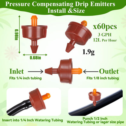 FULAIERGD 60Pcs 3 GPH Pressure Compensating Irrigation Drippers, Watering Spot GPH Dripper Drip Emitters Heads Constant Flow Outlet Heads for 1/4 Inch Irrigation Tubing for Garden Irrigation System