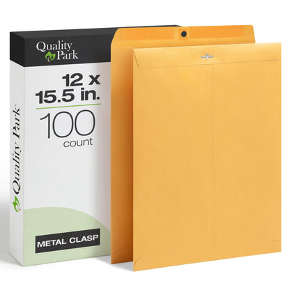 Quality Park 12 x 15-1/2 Clasp Envelopes, Clasp and Gummed Closures, for Oversized Papers, Drawings or Posters, 32 lb Kraft Paper, 100/Box (QUA37810)