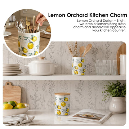 ODESUN Lemon Ceramic Utensil Holder with Bamboo Lid , 2-in-1 Countertop Utensil Crock & Storage Canister, Kitchen Utensil Holder for Countertop & Flatware Holder, French Country Kitchen Decor