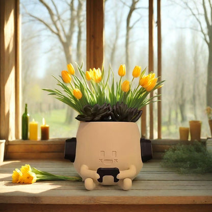 Heuvcnsr Cute Resin Flower Head Planters, Smily Face Planter Pots for Indoor Plants, Sit Headphone Smiley Face Succulent Flower Pots with Drainage Hole, Gift Ideai for Birthday