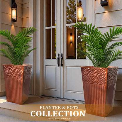 Megawodar 2 Pcs Pack Metal Tall Tapered Planter Pots Steel Large Square Planter Flower Pot with Drainage Holes for Indoor Outdoor Deck Porch Garden Home Patio Front Door (Glossy Copper, 28" H.)