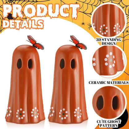 SiliFine 2 Pcs Day of The Dead Ceramic Mexican Ghost Figurine Dia De Los Muertos Terracotta Ghost Decor with Simulated Butterfly Decoration Mexican Halloween Table Decor for Home Shelf Office, 7 Inch