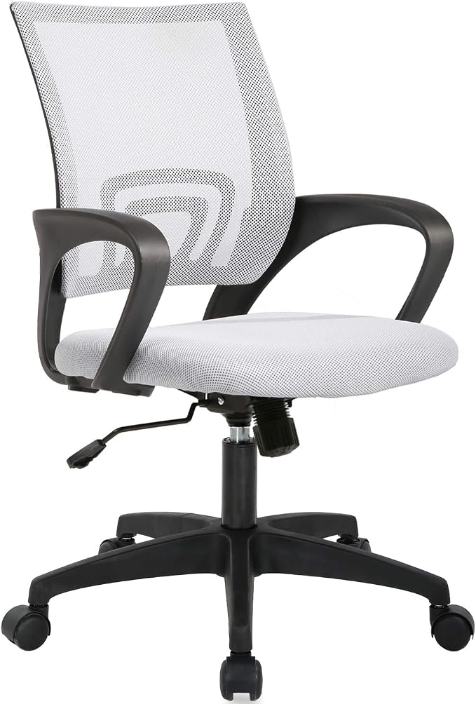 BestOffice | Ergonomic Office Chair | Mid-Back Swivel Desk Chair | Breathable Backrest & Lumbar Support | Adjustable Height | Sponge Seat | Rolling Wheels | White | for Adults & Women