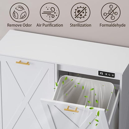 Double Tilt Out Trash Can Cabinet, Wooden Farmhouse Kitchen Garbage Bin Enclosure with Negative Ion Odor Control, Hidden Dog Proof Trash or Laundry Basket Storage for Laundry Room, White