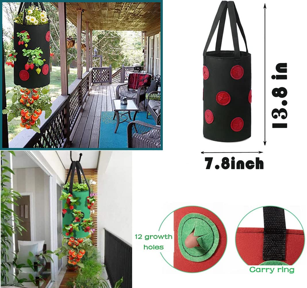 4 Pcs Hanging Strawberry Planter Bags 3 Gallon Upside Down Strawberry Planter and 4 Hooks, Sturdy Hanging Handle Thickened Breathable Felt Cloth for Herb Tomato Hot Peppers Vegetables (4Pcs 3Gal)