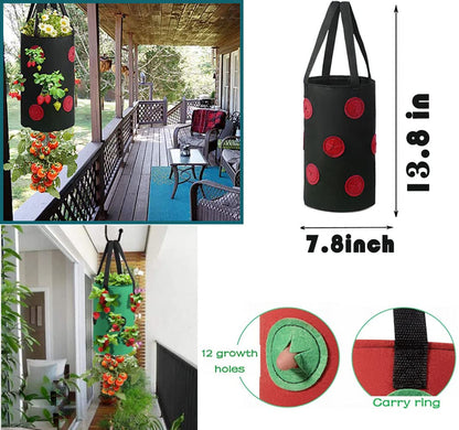 4 Pcs Hanging Strawberry Planter Bags 3 Gallon Upside Down Strawberry Planter and 4 Hooks, Sturdy Hanging Handle Thickened Breathable Felt Cloth for Herb Tomato Hot Peppers Vegetables (4Pcs 3Gal)