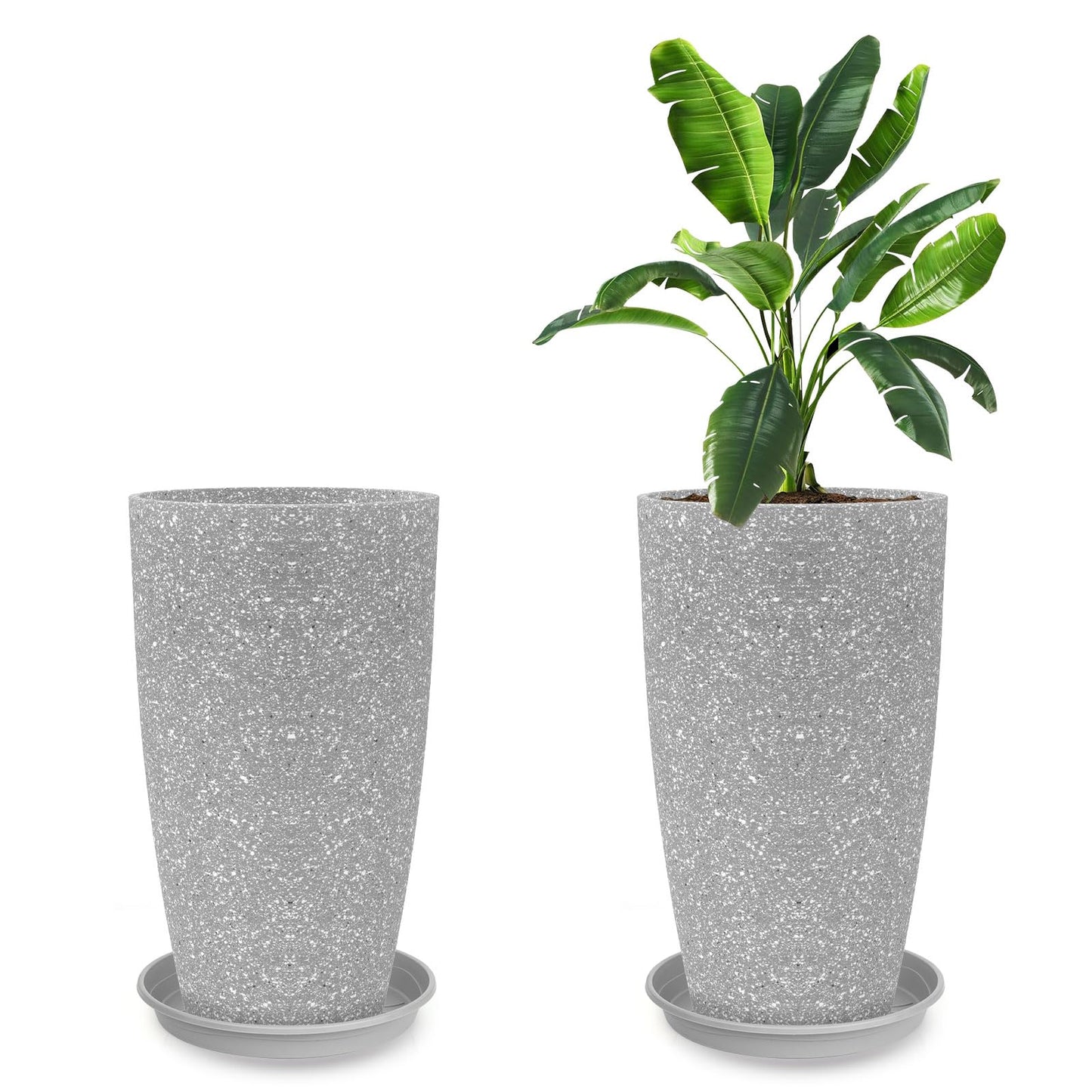 GameXcel Tall Flower Pot Indoor - Outdoor Plant Pot - Gray Rough Planter - Elegant Stone Imitation - 12" Diameter 21" Tall with Drainage Holes and Saucer 2 Pack