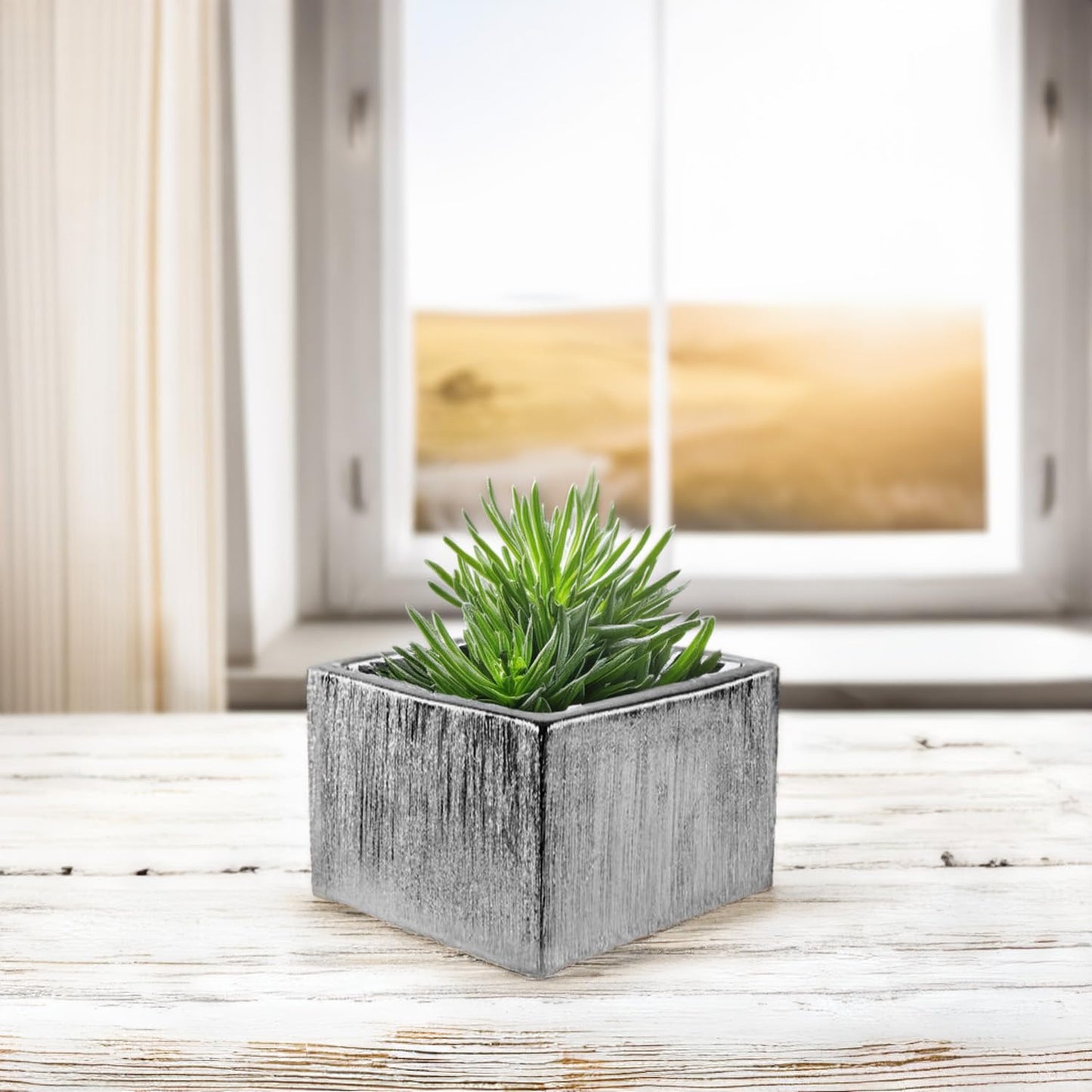 WGVI Silver Scratched Square Ceramic Vase, Width 6", Height 4", Elegant Morden Short Square Pan Floral Planter Terrarium Pot Container Tabletop for Event Accent Home Decor 1 Piece