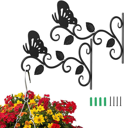 2Pack Hanging Plants Bracket Outdoor,12 Inch Plant Hooks for Hanging Baskets Wall-Mounted Gardening Bracket Hook for Bird Feeders,Flower Baskets,Lantern,(Butterfly)