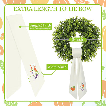 Fall & Halloween Wreath Sash for Front Door (59" Long) - Embroidered Ghost & Pumpkin Design for Boxwood Wreaths - 2-in-1 Autumn Ribbon Decor, Heavy Drape & Washable (1 Set)